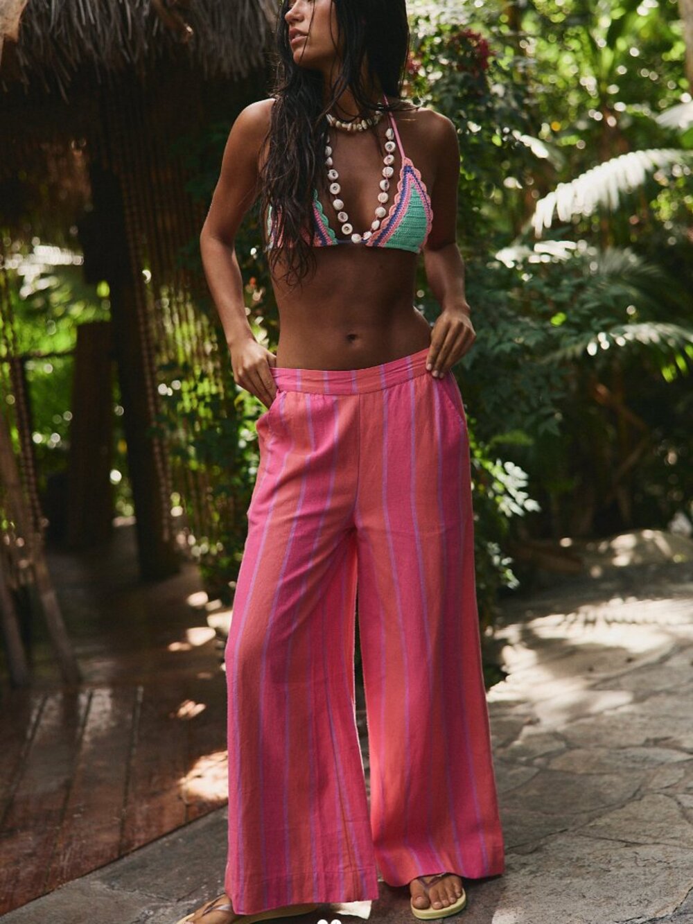 Free People Free-Est Sightseer Linen Striped Pants Fuchsia S